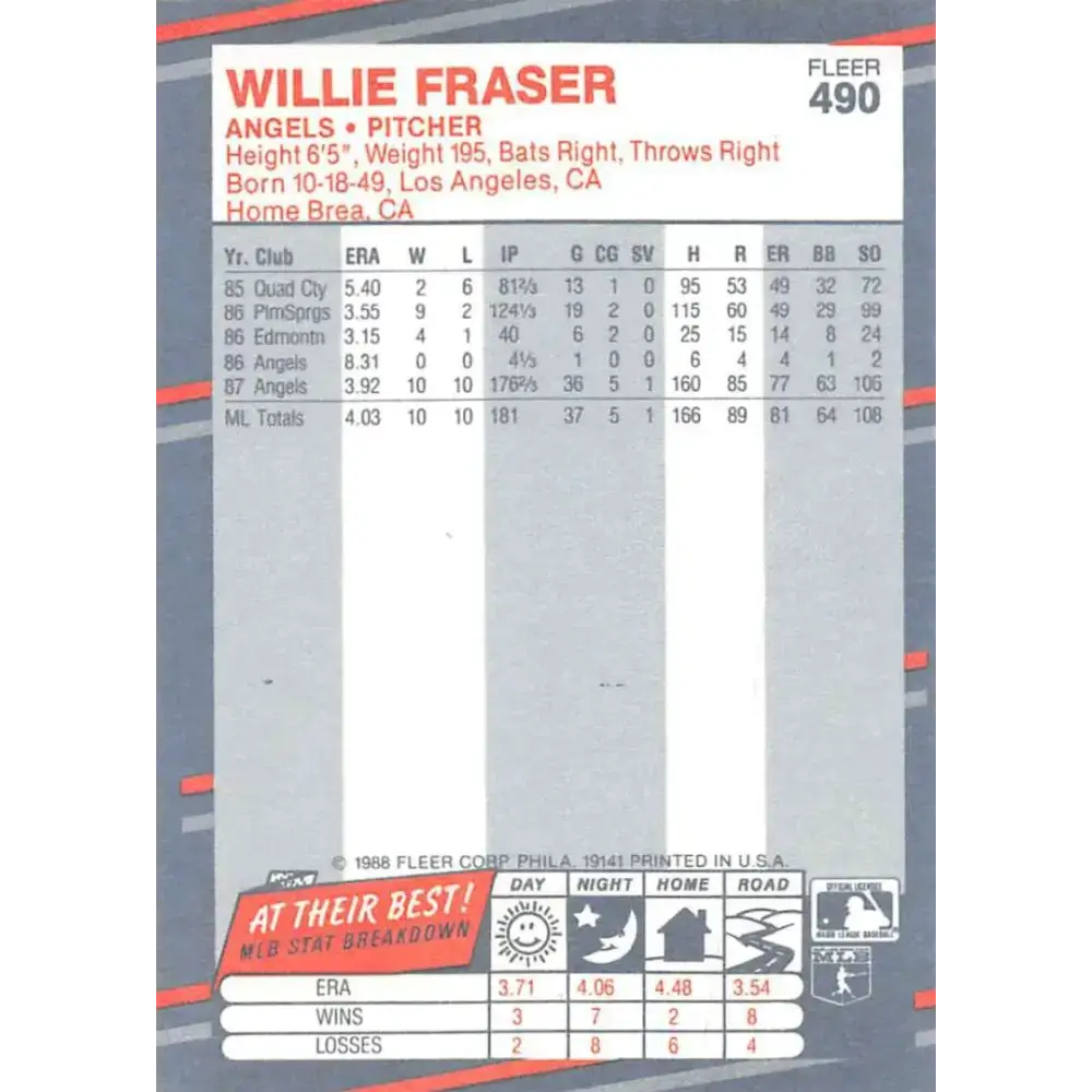 1988 Fleer #490 Willie Fraser EX Excellent California Angels Baseball Card - Baseball Card Single