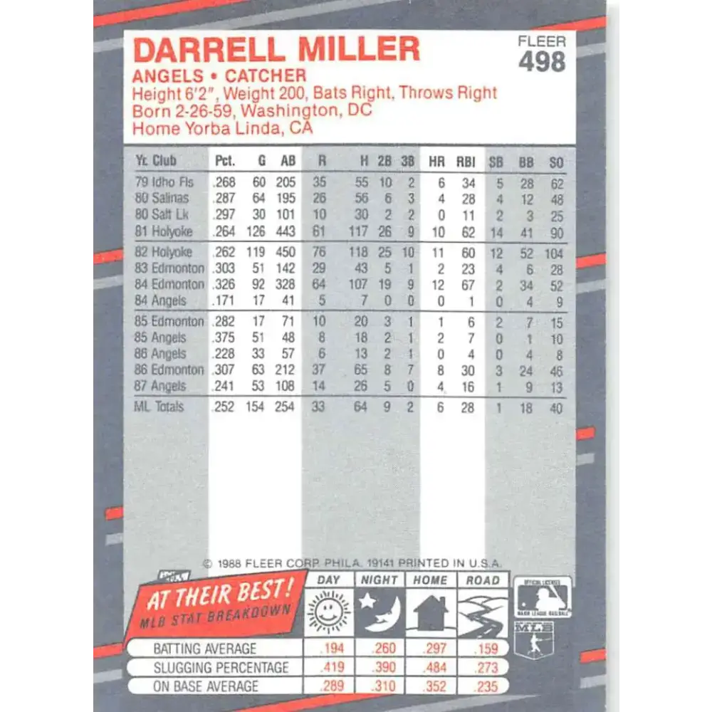 1988 Fleer #498 Darrell Miller EX Excellent California Angels Baseball Card - Baseball Card Single