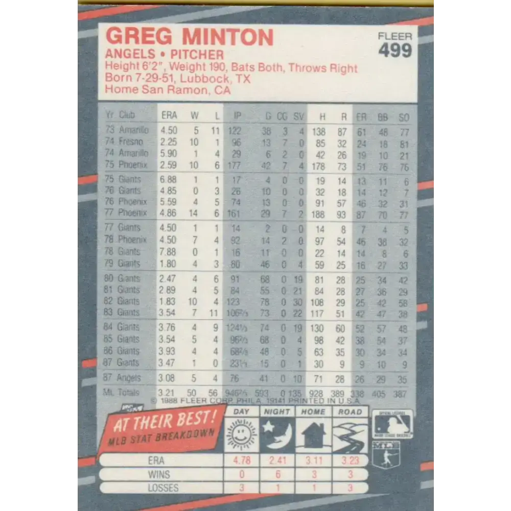 1988 Fleer #499 Greg Minton EX Excellent California Angels Baseball Card - Baseball Card Single