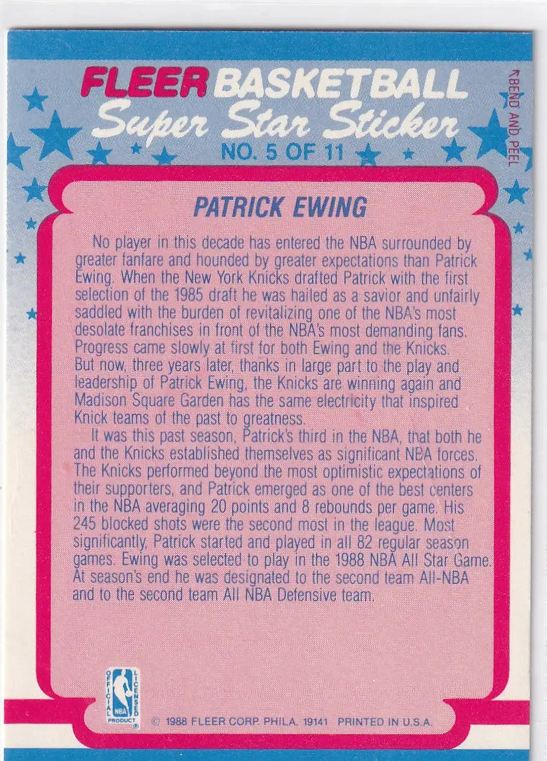 1988 FLEER #5 PATRICK EWING SUPER STAR STICKERS- NEW YORK KNICKS