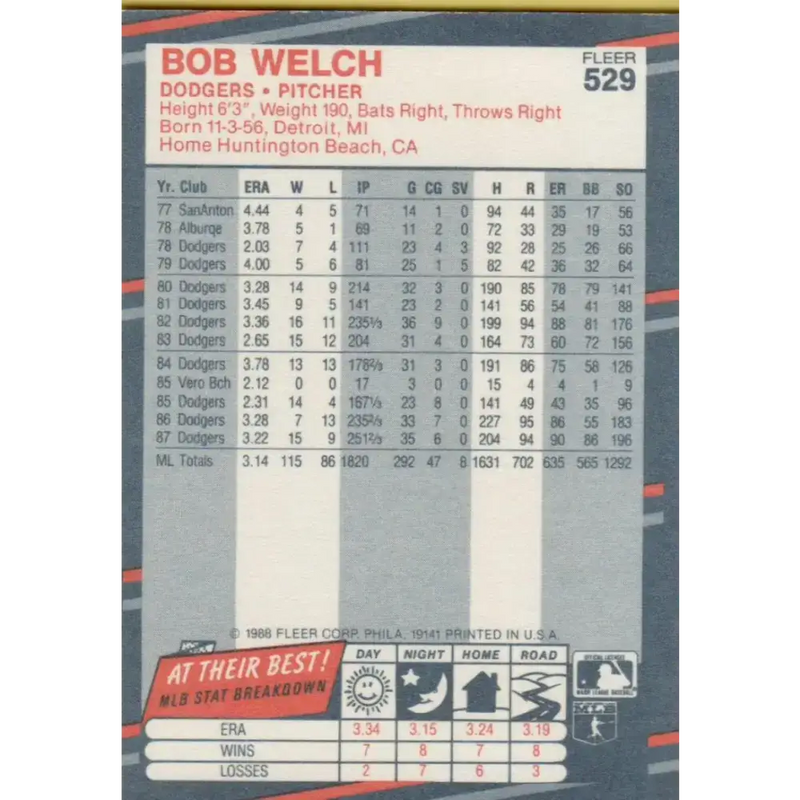 1988 Fleer #529 Bob Welch EX Excellent Los Angeles Dodgers Baseball Card - Baseball Card Single