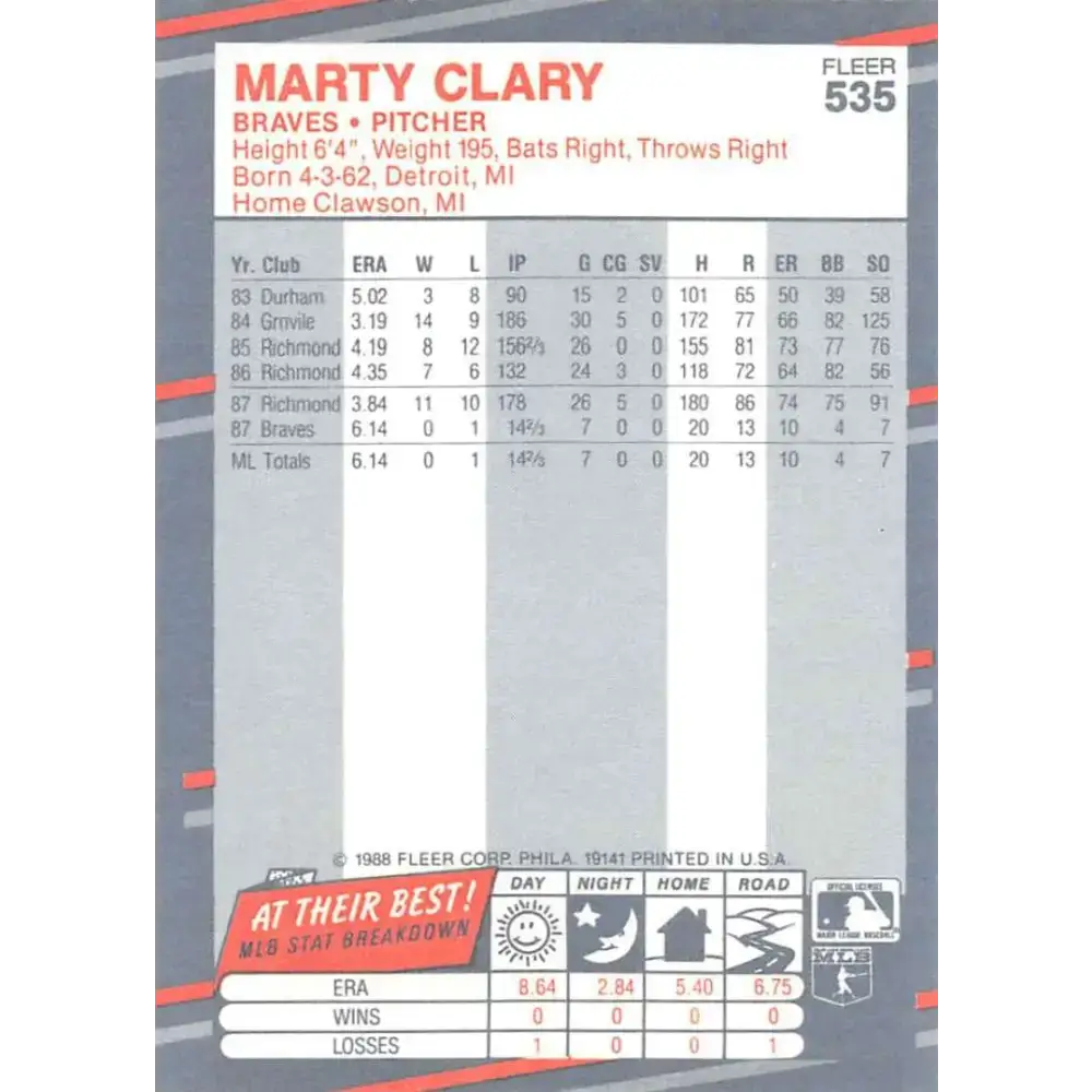 1988 Fleer #535 Marty Clary EX Excellent Atlanta Braves Baseball Card - Baseball Card Single
