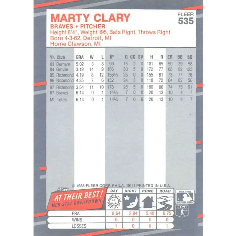 1988 Fleer #535 Marty Clary EX Excellent Atlanta Braves Baseball Card - Baseball Card Single