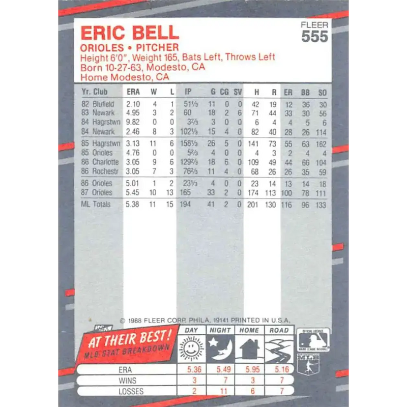 1988 Fleer #555 Eric Bell EX Excellent Baltimore Orioles Baseball Card - Baseball Card Single