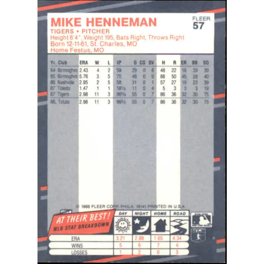 1988 Fleer #57 Mike Henneman EX Excellent RC Rookie Detroit Tigers Baseball Card - Baseball Card Single