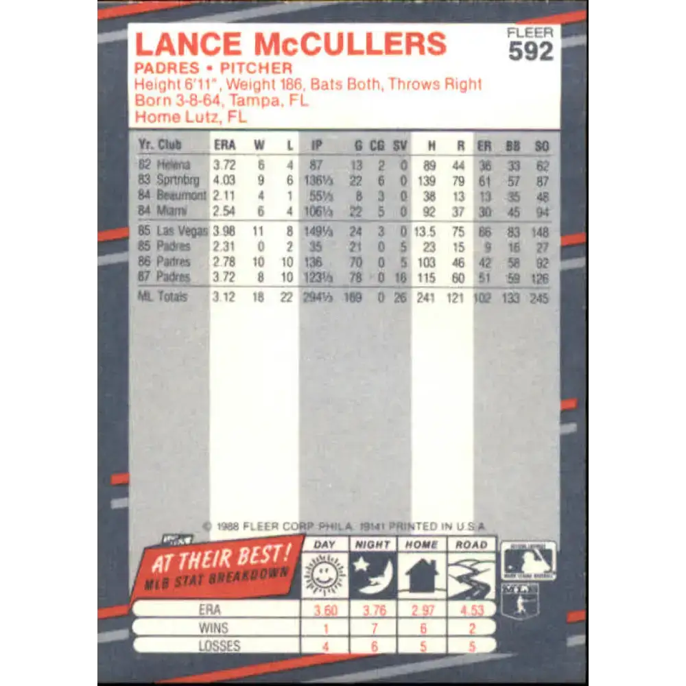 1988 Fleer #592 Lance McCullers EX Excellent San Diego Padres Baseball Card - Baseball Card Single