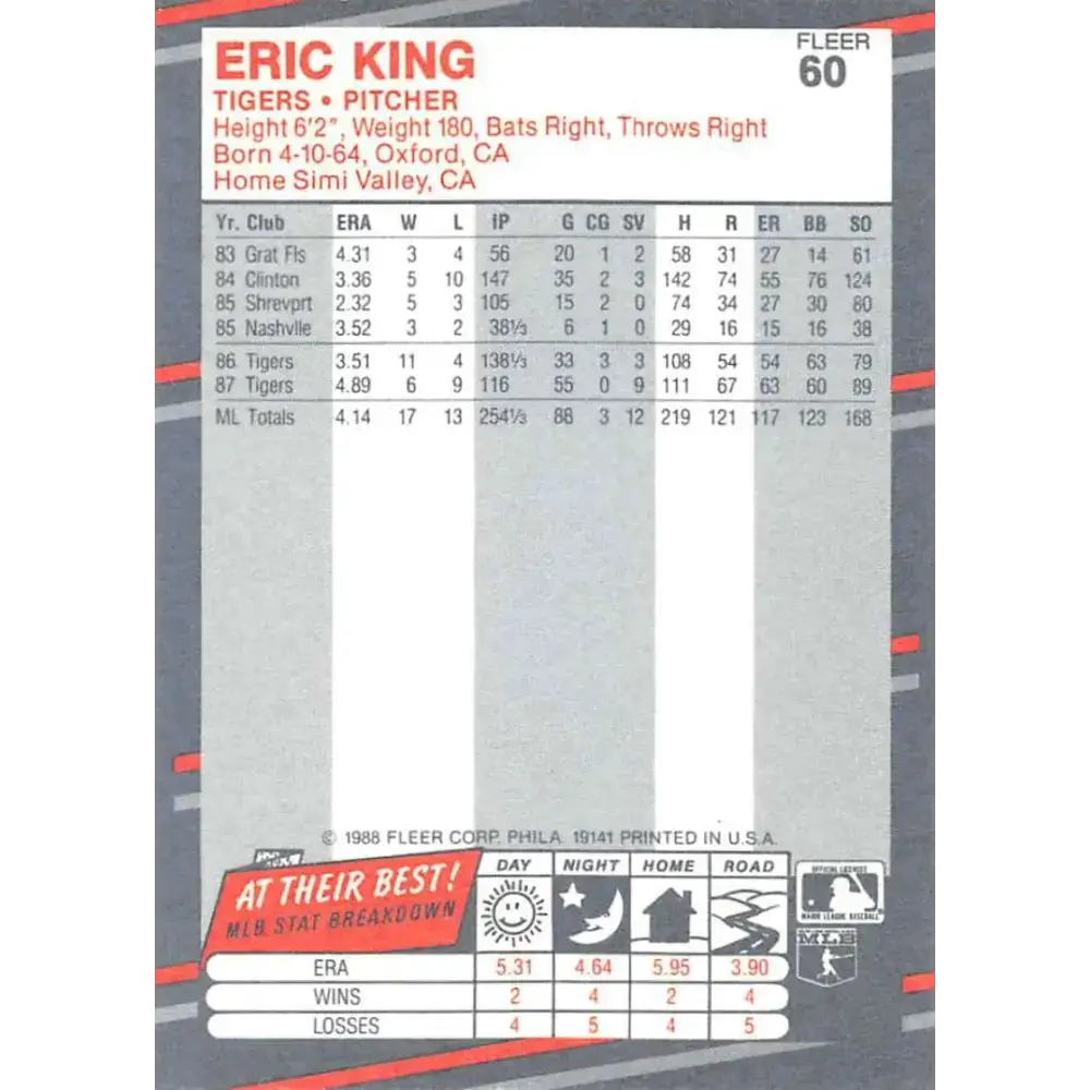 1988 Fleer #60 Eric King EX Excellent Detroit Tigers Baseball Card - Baseball Card Single