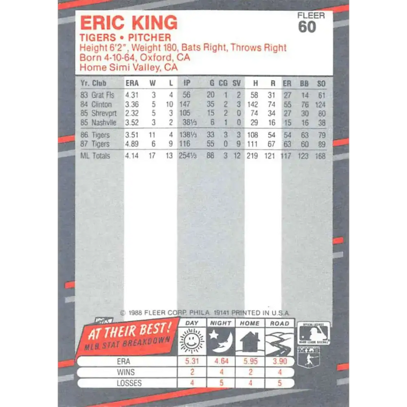 1988 Fleer #60 Eric King EX Excellent Detroit Tigers Baseball Card - Baseball Card Single