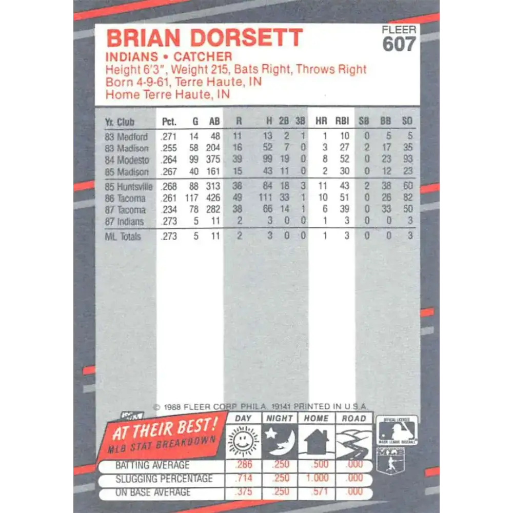 1988 Fleer #607 Brian Dorsett EX Excellent RC Rookie Cleveland Indians Baseball Card - Baseball Card Single