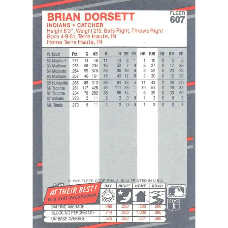 1988 Fleer #607 Brian Dorsett EX Excellent RC Rookie Cleveland Indians Baseball Card - Baseball Card Single