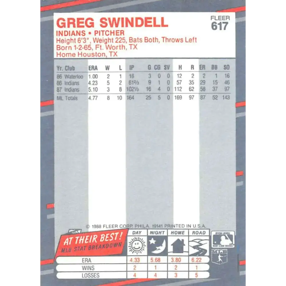 1988 Fleer #617 Greg Swindell EX Excellent Cleveland Indians Baseball Card - Baseball Card Single