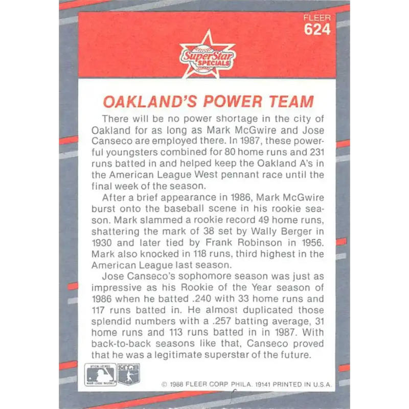 1988 Fleer #624 Mark McGwire/Jose Canseco EX Excellent Oakland Athletics Baseball Card - Baseball Card Single