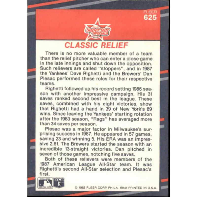 1988 Fleer #625 Dave Righetti/Dan Plesac EX Excellent New York Yankees/Milwaukee Brewers Baseball Card - Baseball Card