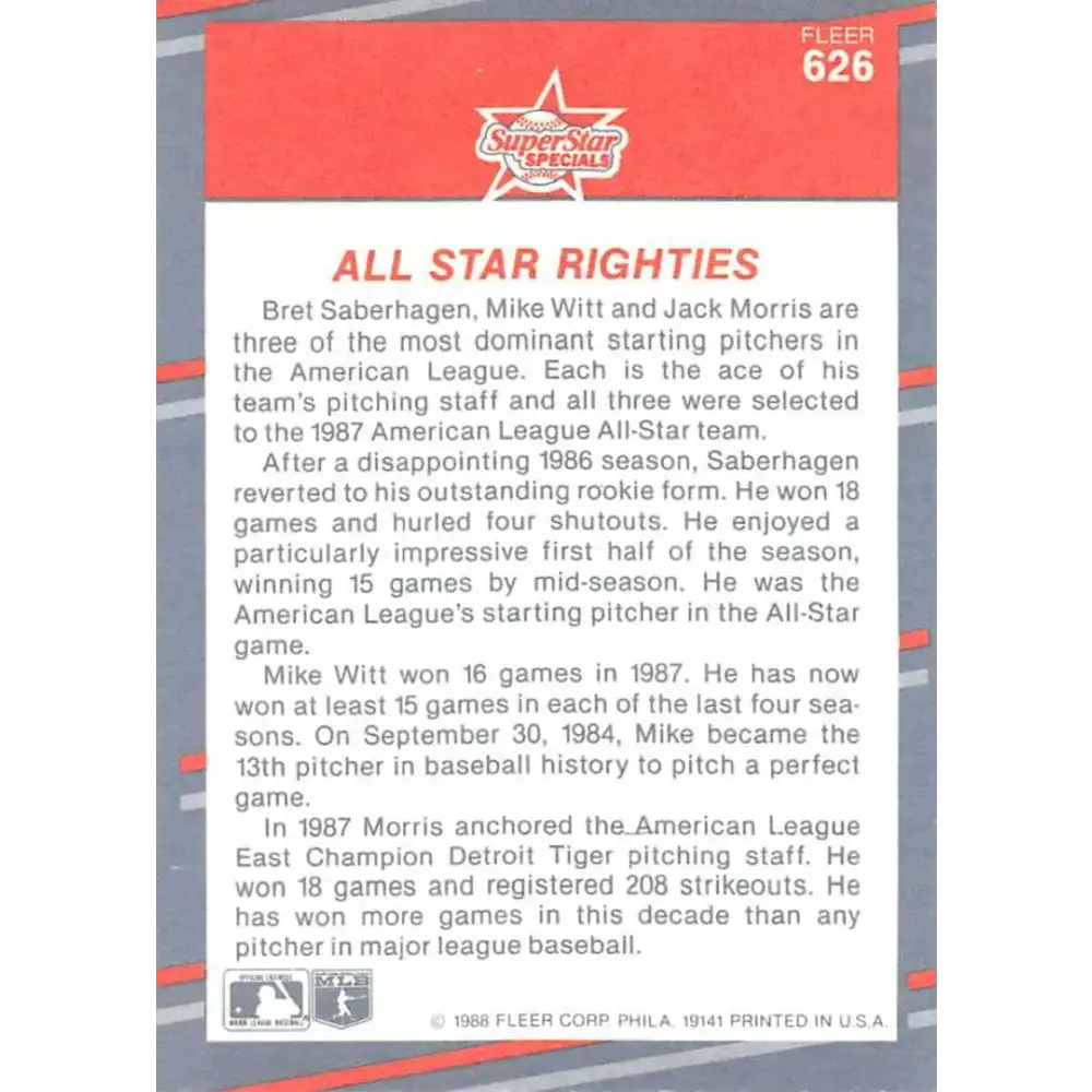 1988 Fleer #626 Brett Saberhagen/Mike Witt/Jack Morris EX Excellent Kansas City Royals/California Angels/Detroit Tigers