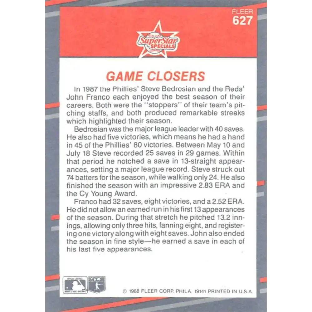 1988 Fleer #627 John Franco/Steve Bedrosian EX Excellent Cincinnati Reds/Philadelphia Phillies Baseball Card - Baseball