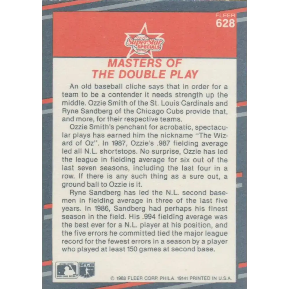 1988 Fleer #628 Ozzie Smith/Ryne Sandberg EX Excellent St. Louis Cardinals/Chicago Cubs Baseball Card - Baseball Card