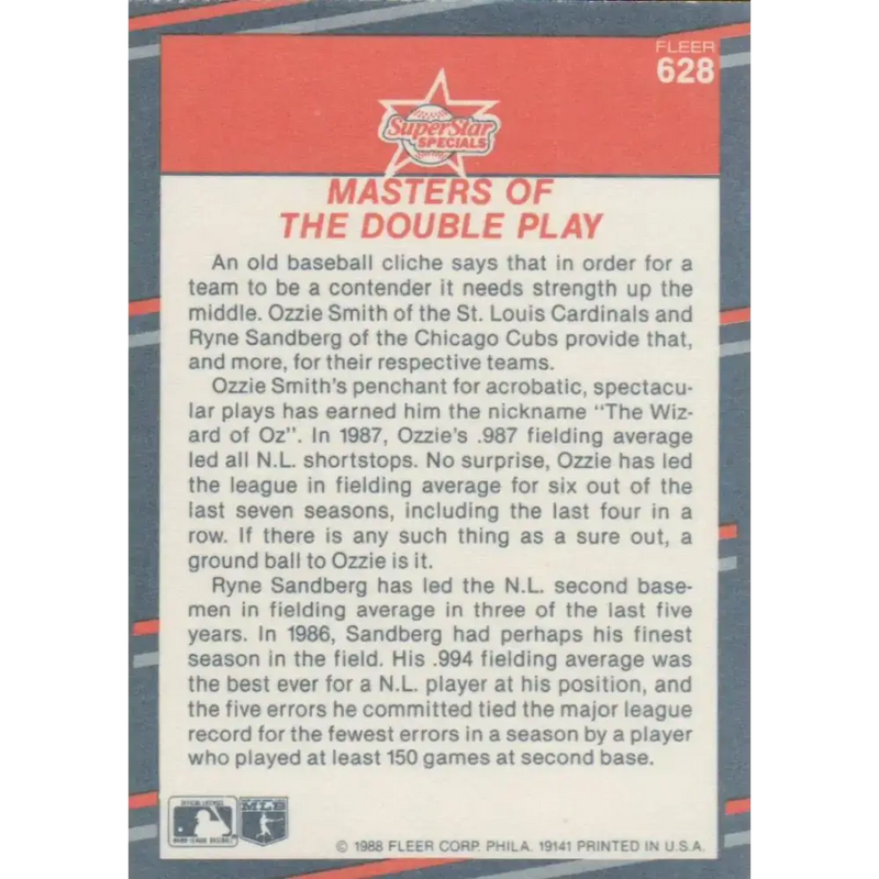 1988 Fleer #628 Ozzie Smith/Ryne Sandberg EX Excellent St. Louis Cardinals/Chicago Cubs Baseball Card - Baseball Card
