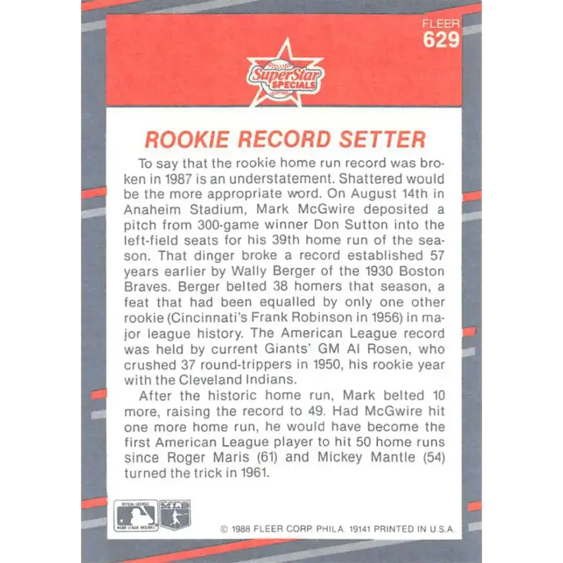 1988 Fleer #629 Mark McGwire EX Excellent Oakland Athletics Baseball Card - Baseball Card Single