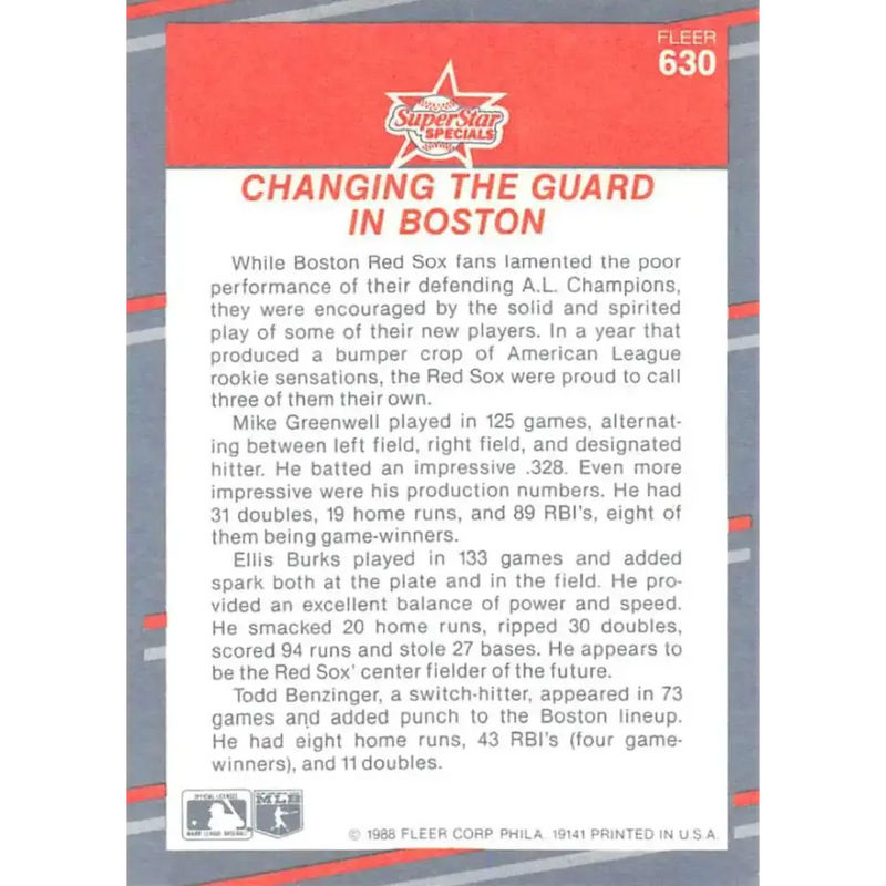 1988 Fleer #630 Mike Greenwell/Ellis Burks/Todd Benzinger EX Excellent Boston Red Sox Baseball Card - Baseball Card
