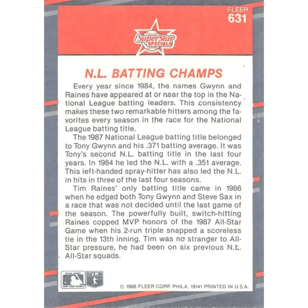1988 Fleer #631 Tony Gwynn/Tim Raines EX Excellent San Diego Padres/Montreal Expos Baseball Card - Baseball Card Single