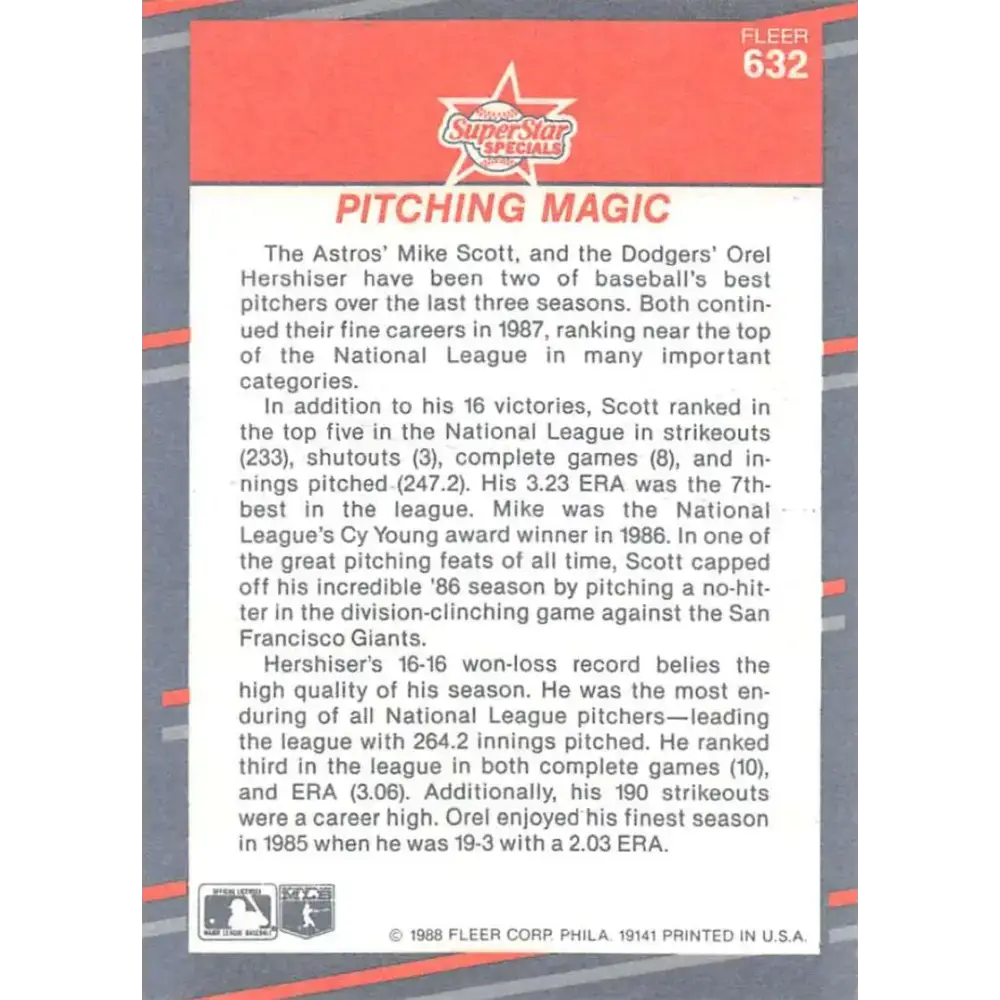 1988 Fleer #632 Mike Scott/Orel Hershiser EX Excellent Houston Astros/Los Angeles Dodgers Baseball Card - Baseball Card
