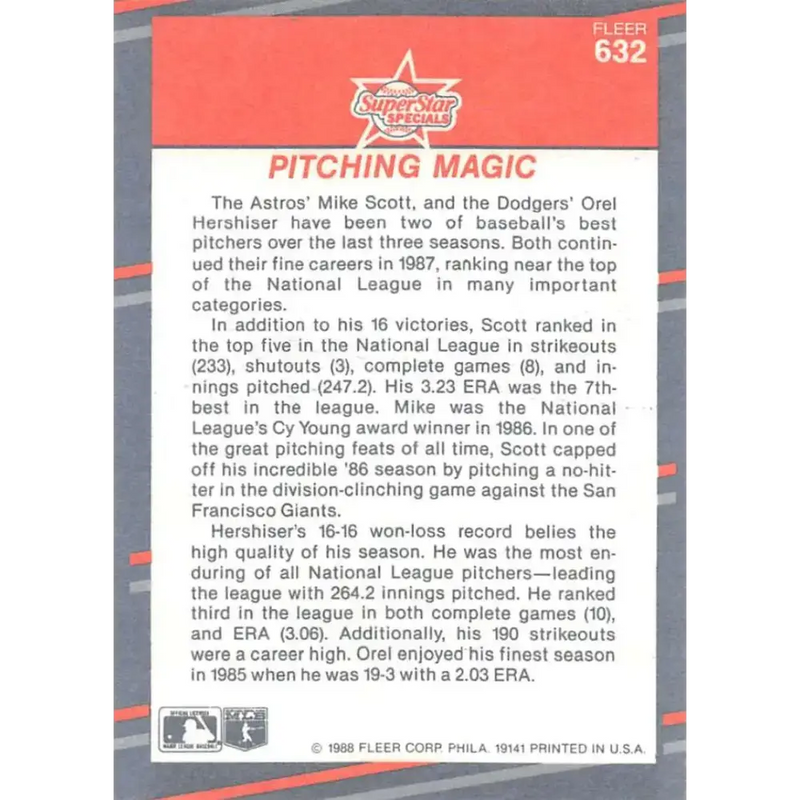 1988 Fleer #632 Mike Scott/Orel Hershiser EX Excellent Houston Astros/Los Angeles Dodgers Baseball Card - Baseball Card