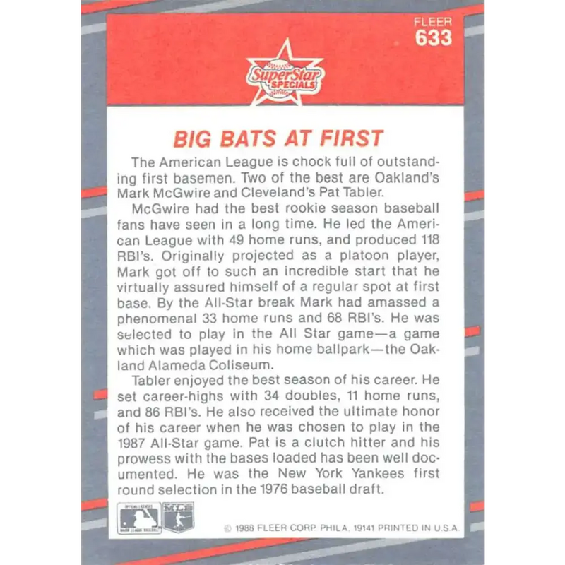 1988 Fleer #633 Pat Tabler/Mark McGwire EX Excellent Cleveland Indians/Oakland Athletics Baseball Card