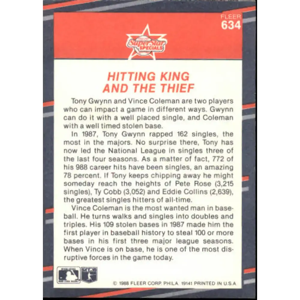 1988 Fleer #634 Tony Gwynn/Vince Coleman EX Excellent San Diego Padres/St. Louis Cardinals Baseball Card - Baseball