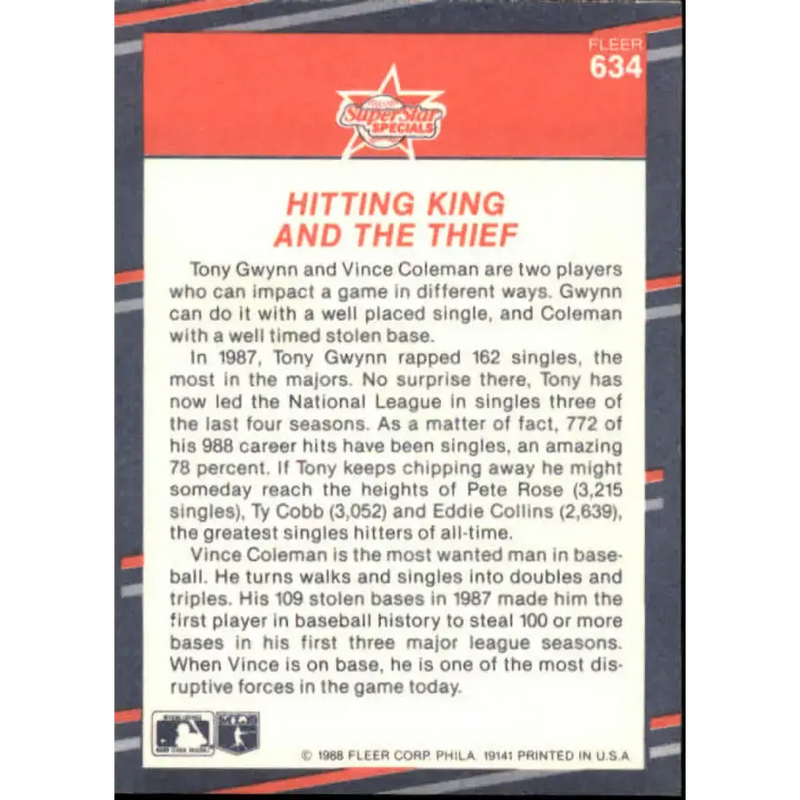 1988 Fleer #634 Tony Gwynn/Vince Coleman EX Excellent San Diego Padres/St. Louis Cardinals Baseball Card - Baseball