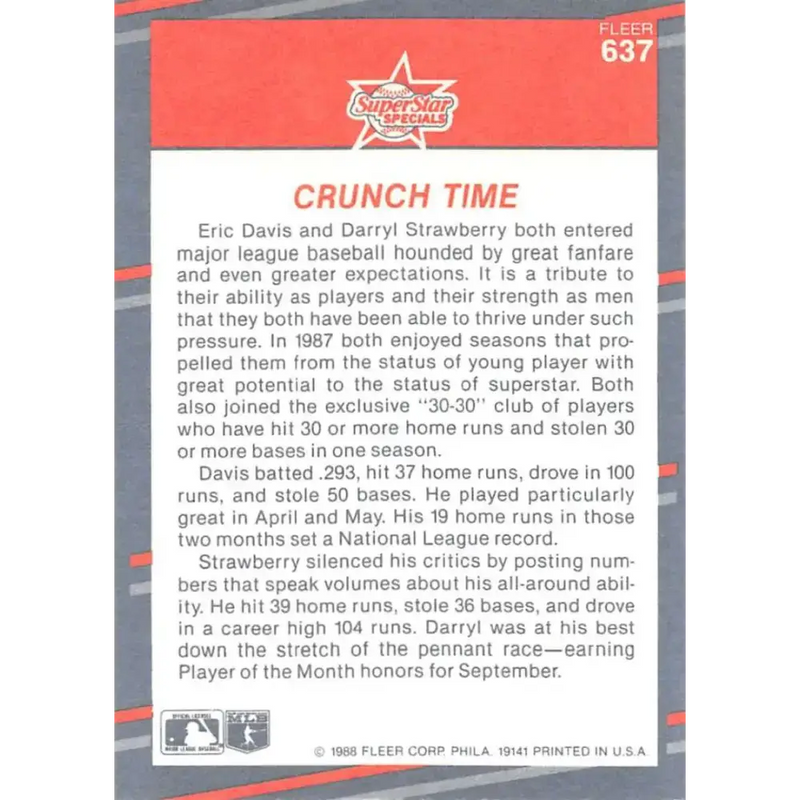 1988 Fleer #637 Strawberry/Eric Davis EX Excellent New York Mets/Cincinnati Reds Baseball Card - Baseball Card Single