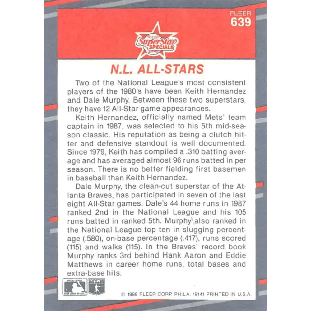 1988 Fleer #639 Keith Hernandez/Dale Murphy EX Excellent New York Mets/Atlanta Braves Baseball Card - Baseball Card