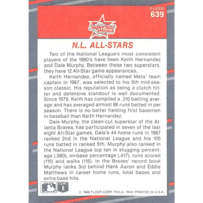 1988 Fleer #639 Keith Hernandez/Dale Murphy EX Excellent New York Mets/Atlanta Braves Baseball Card - Baseball Card