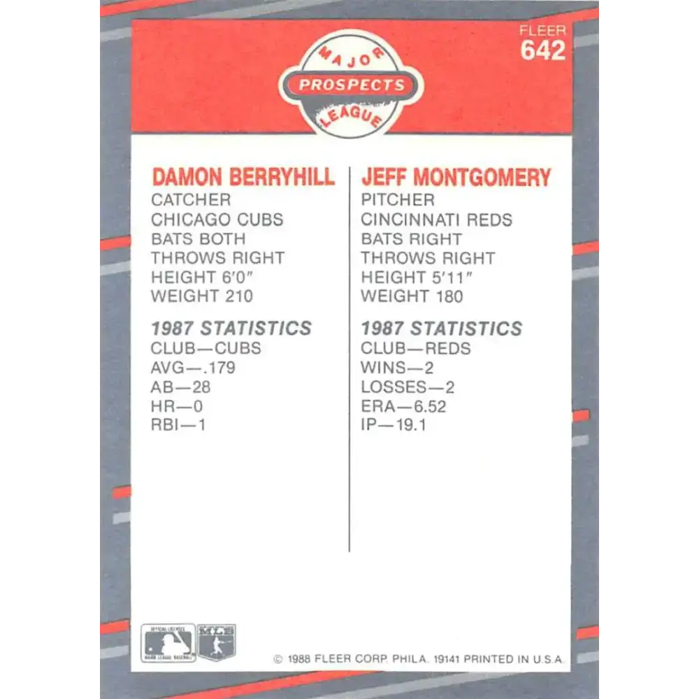1988 Fleer #642 Damon Berryhill/Jeff Montgomery EX Excellent RC Rookie Chicago Cubs/Cincinnati Reds Baseball Card