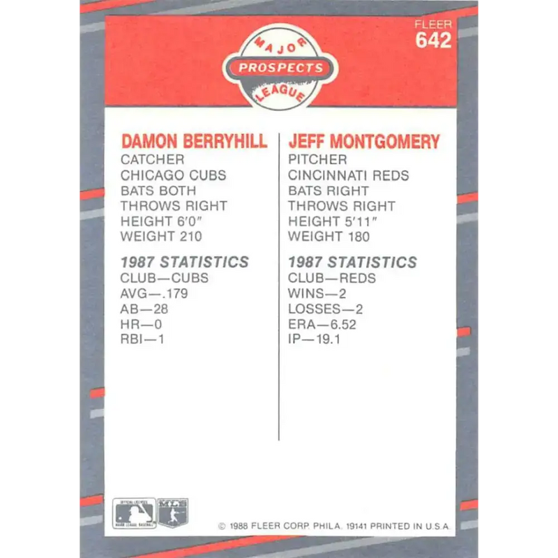 1988 Fleer #642 Damon Berryhill/Jeff Montgomery EX Excellent RC Rookie Chicago Cubs/Cincinnati Reds Baseball Card
