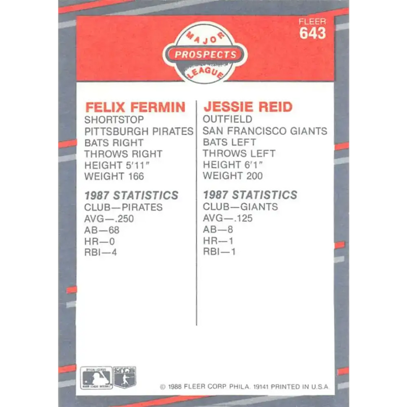 1988 Fleer #643 Felix Fermin/Jessie Reid EX Excellent RC Rookie Pittsburgh Pirates/San Francisco Giants Baseball Card