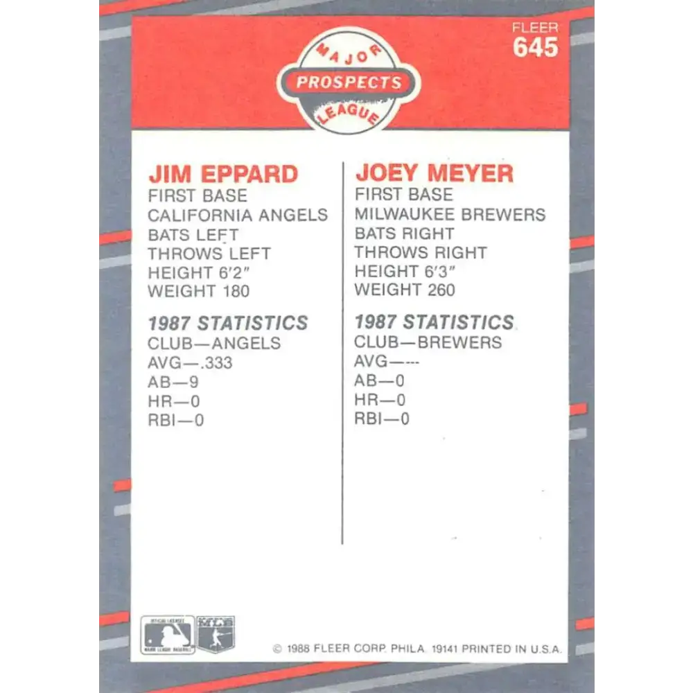 1988 Fleer #645 Jim Eppard/Joey Meyer EX Excellent RC Rookie California Angels/Milwaukee Brewers Baseball Card