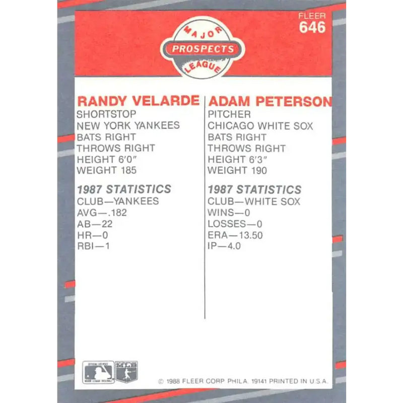 1988 Fleer #646 Randy Velarde/Adam Peterson EX Excellent RC Rookie New York Yankees/Chicago White Sox Baseball Card