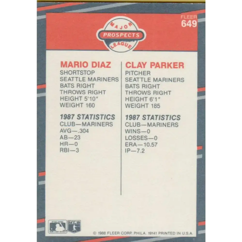 1988 Fleer #649 Mario Diaz/Clay Parker EX Excellent RC Rookie Seattle Mariners Baseball Card - Baseball Card Single