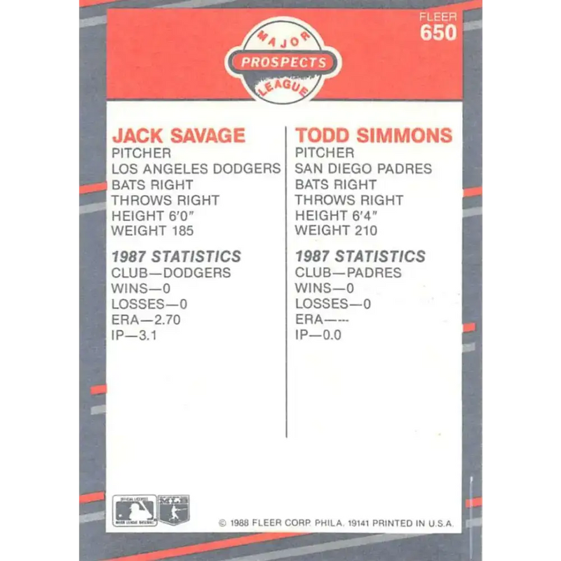 1988 Fleer #650 Jack Savage/Todd Simmons EX Excellent RC Rookie Los Angeles Dodgers/San Diego Padres Baseball Card