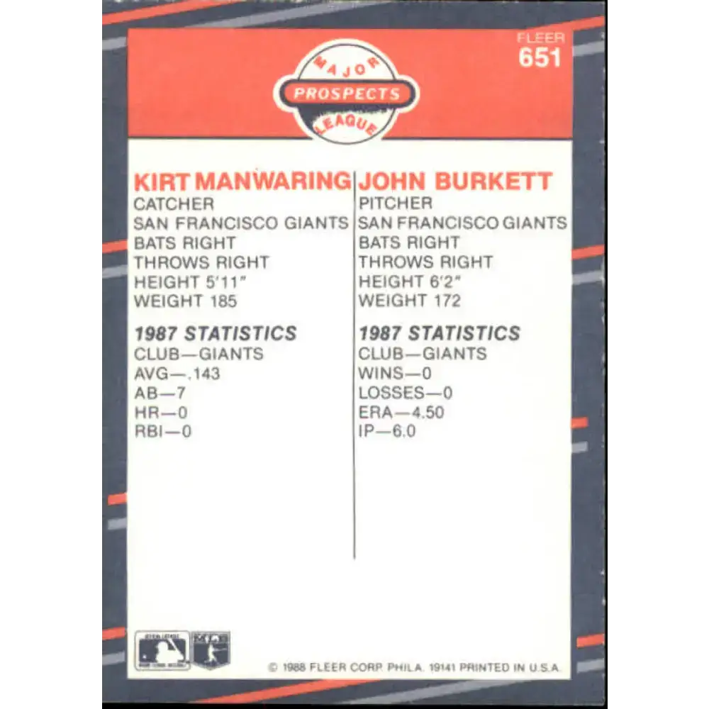 1988 Fleer #651 Kirt Manwaring/John Burkett EX Excellent RC Rookie San Francisco Giants Baseball Card - Baseball Card