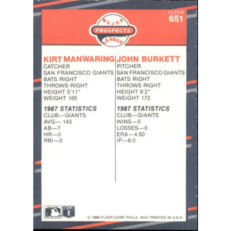 1988 Fleer #651 Kirt Manwaring/John Burkett EX Excellent RC Rookie San Francisco Giants Baseball Card - Baseball Card