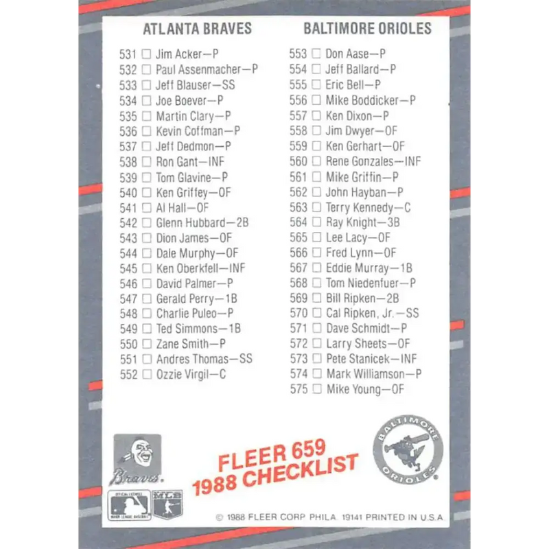 1988 Fleer #659 Checklist 6: Angles/Dodgers Braves/Orioles EX Excellent California Angles/Los Angeles Dodgers/Atlanta