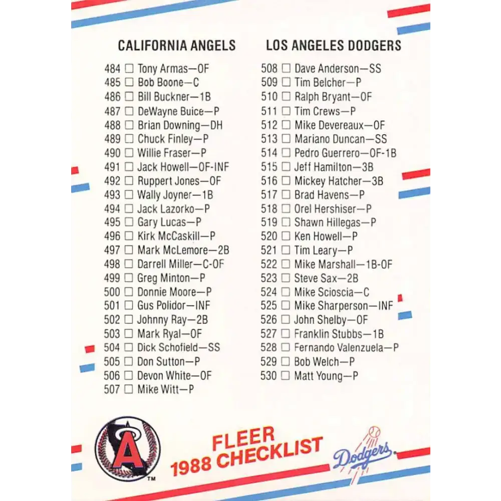 1988 Fleer #659 Checklist 6: Angles/Dodgers Braves/Orioles EX Excellent California Angles/Los Angeles Dodgers/Atlanta