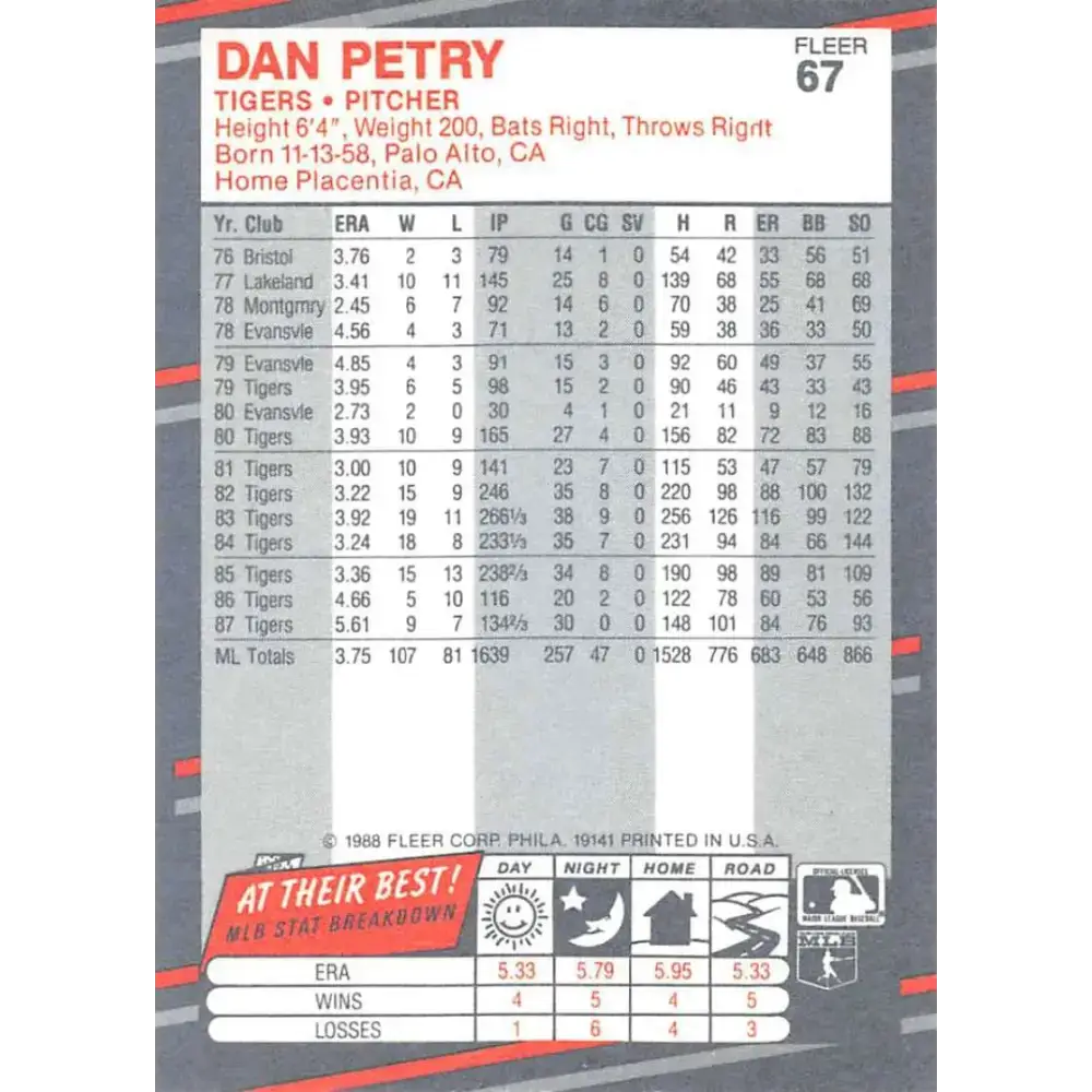 1988 Fleer #67 Dan Petry EX Excellent Detroit Tigers Baseball Card - Baseball Card Single