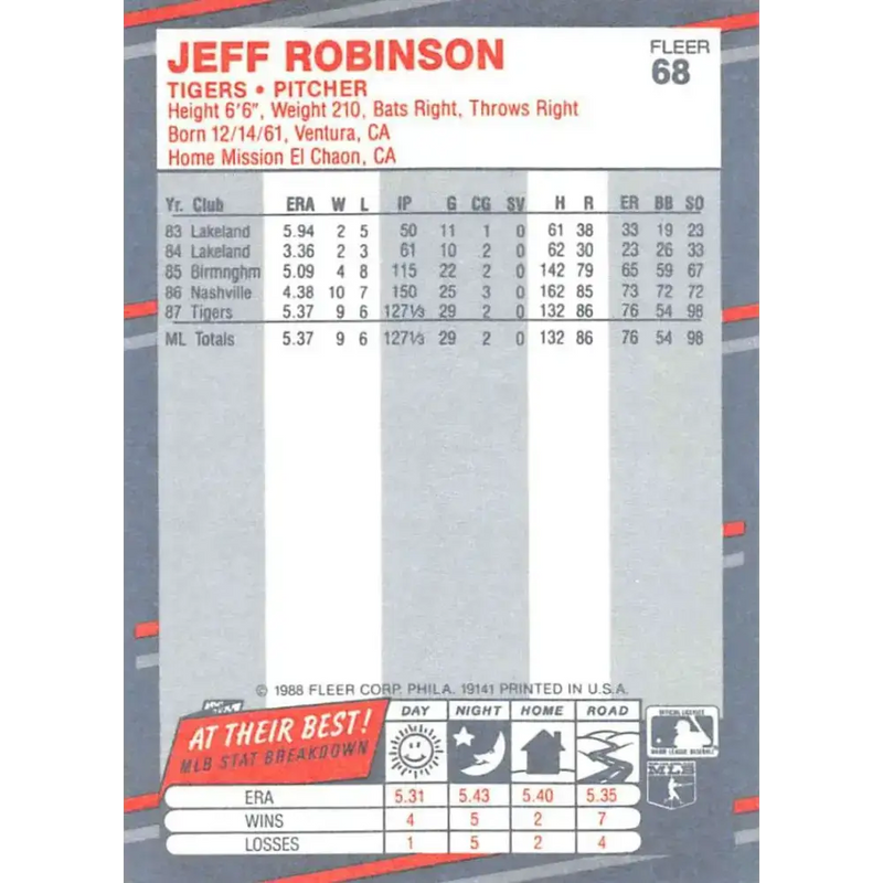 1988 Fleer #68b Jeff Robinson EX Excellent Detroit Tigers Baseball Card - Baseball Card Single