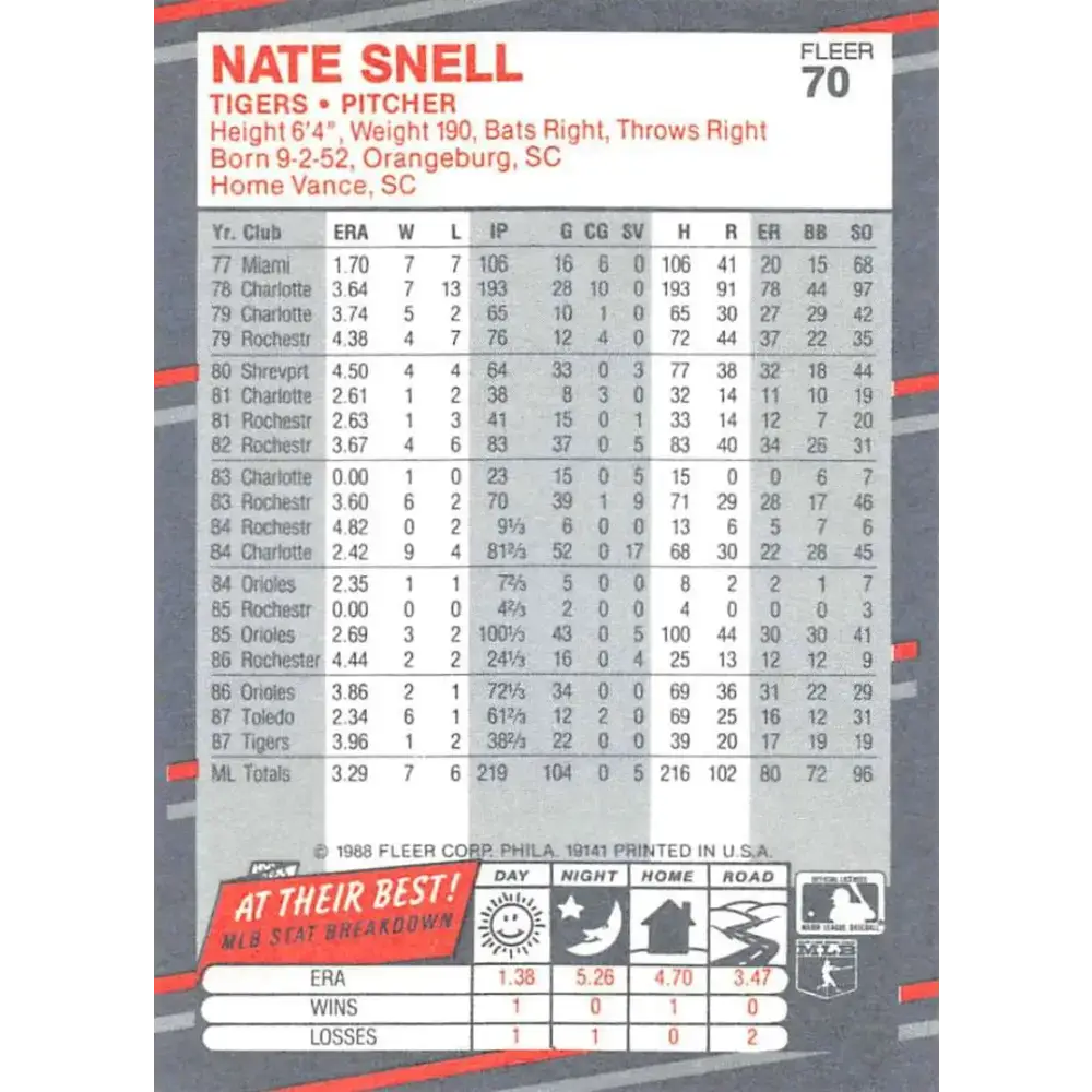 1988 Fleer #70 Nate Snell EX Excellent Detroit Tigers Baseball Card - Baseball Card Single