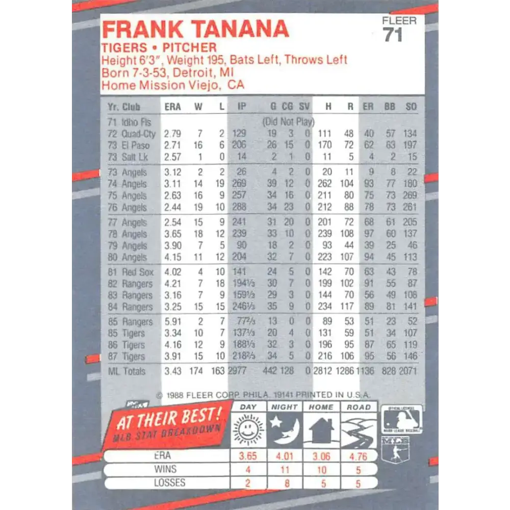1988 Fleer #71 Frank Tanana EX Excellent Detroit Tigers Baseball Card - Baseball Card Single