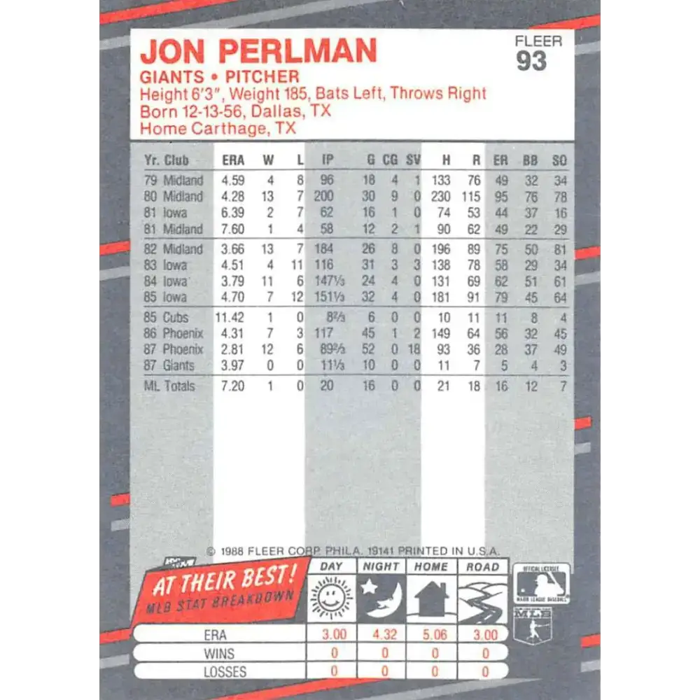 1988 Fleer #93 Jon Perlman EX Excellent San Francisco Giants Baseball Card - Baseball Card Single