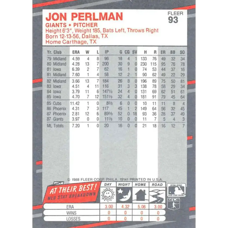 1988 Fleer #93 Jon Perlman EX Excellent San Francisco Giants Baseball Card - Baseball Card Single