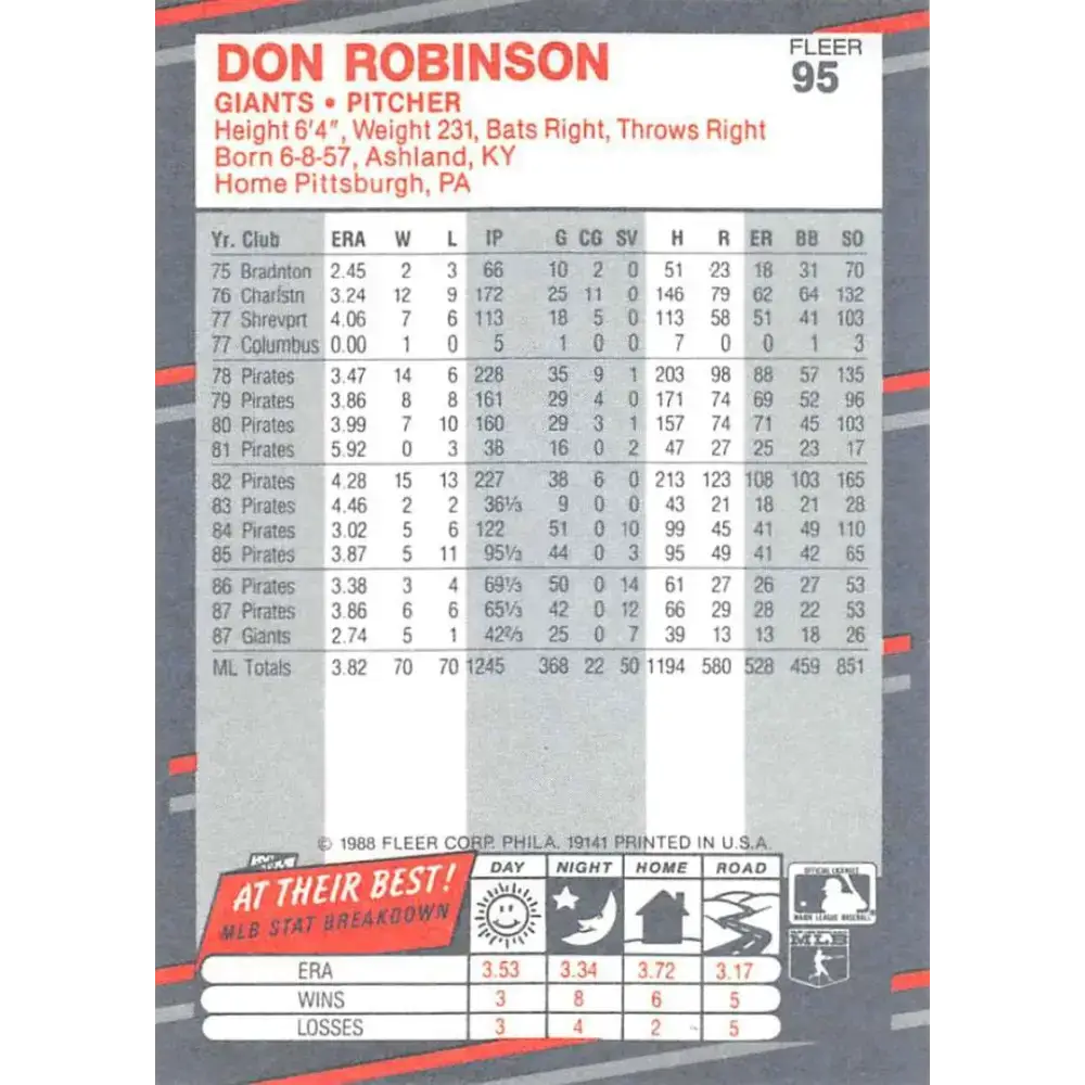1988 Fleer #95 Don Robinson EX Excellent San Francisco Giants Baseball Card - Baseball Card Single